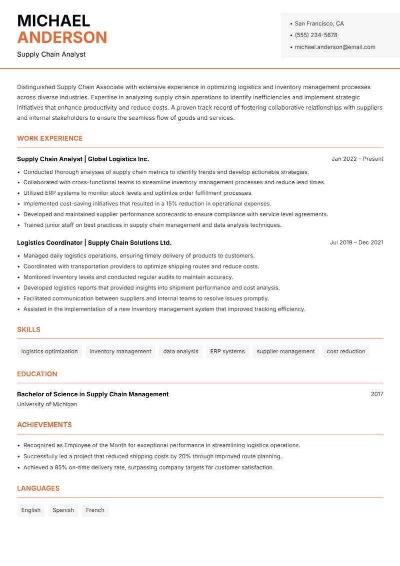 Supply Chain Associate resume sample — Supply Chain Analyst focus