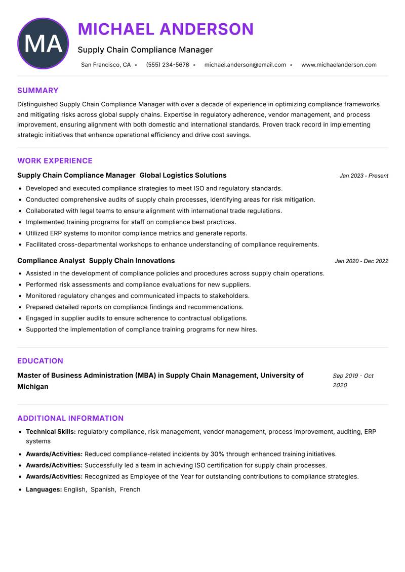 Supply Chain Compliance Manager resume example