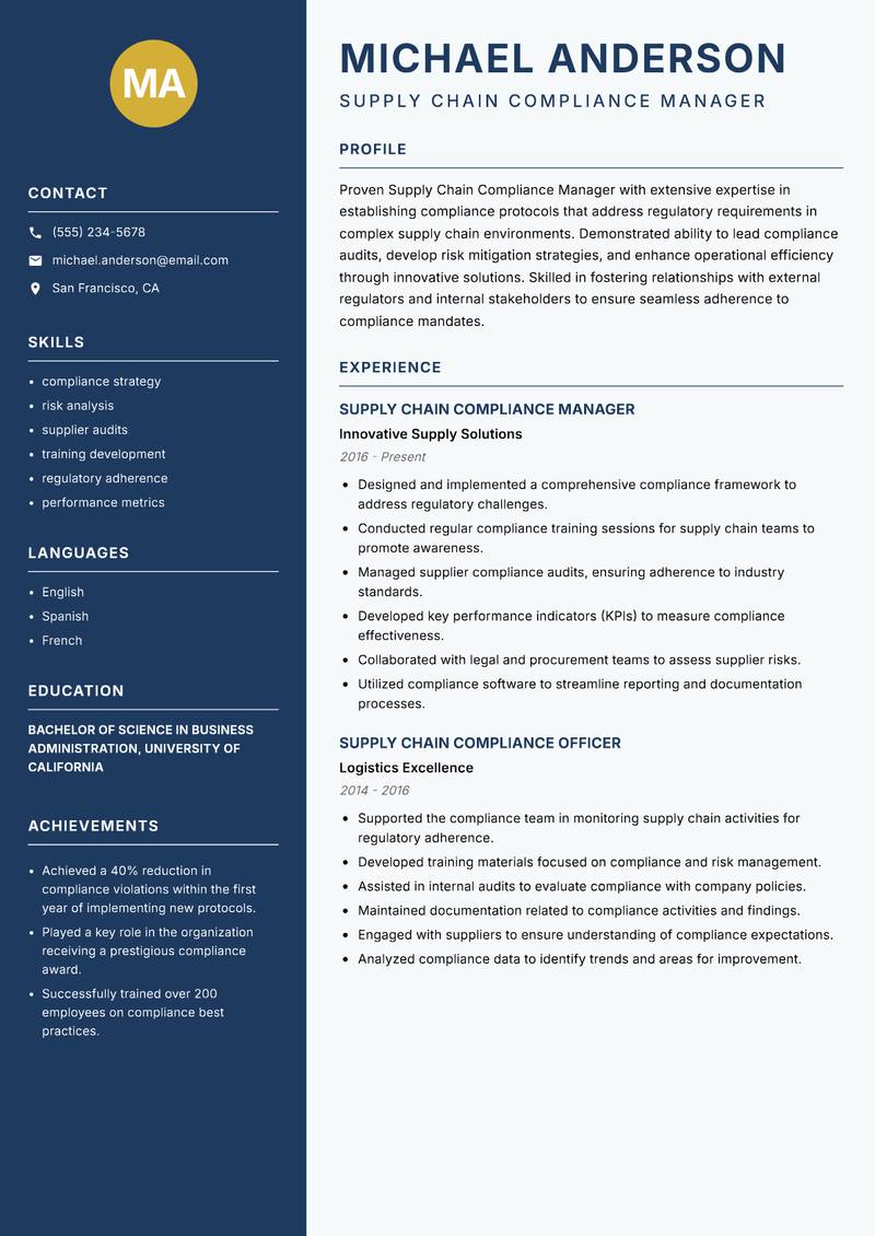 Supply Chain Compliance Manager resume sample — Supply Chain Compliance Manager focus
