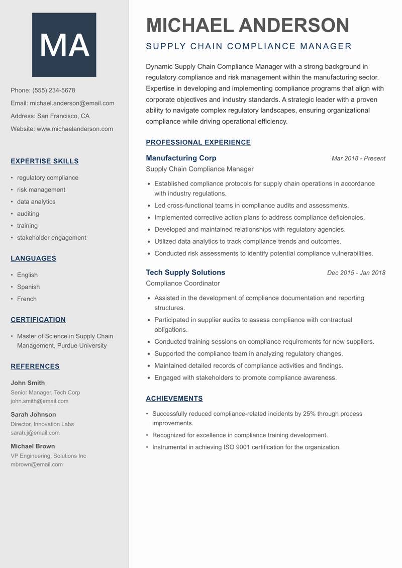 Supply Chain Compliance Manager resume sample — Supply Chain Compliance Manager focus