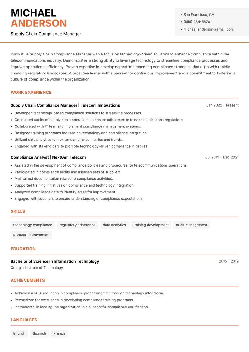 Supply Chain Compliance Manager resume sample — Supply Chain Compliance Manager focus
