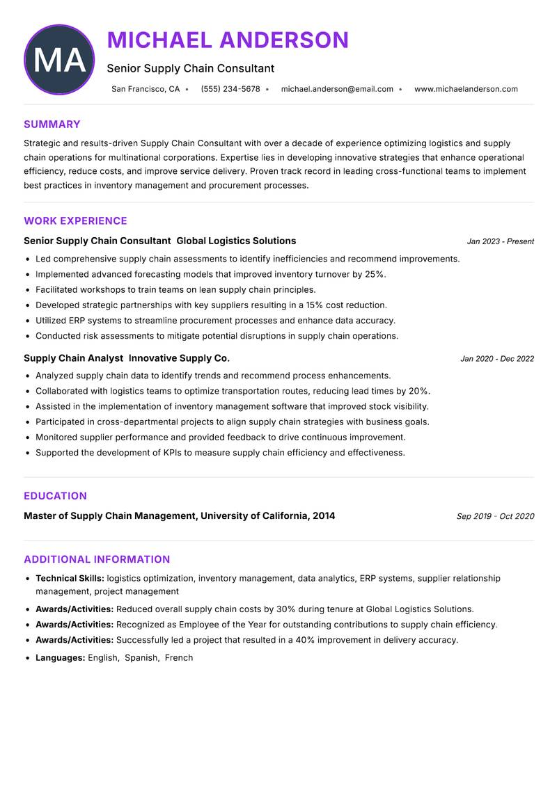 Supply Chain Consultant resume example