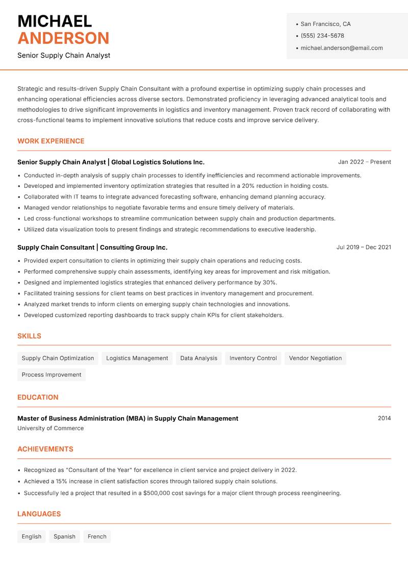 Supply Chain Consultant resume sample — Senior Supply Chain Analyst focus