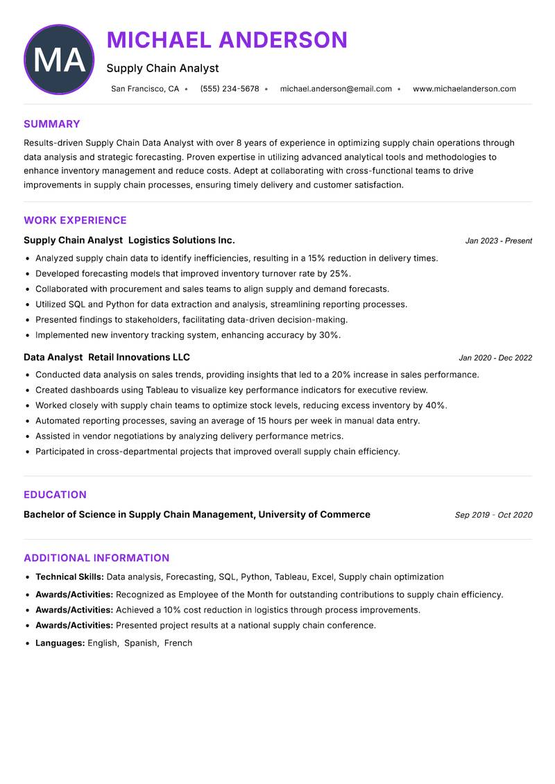 Supply Chain Data Analyst resume example