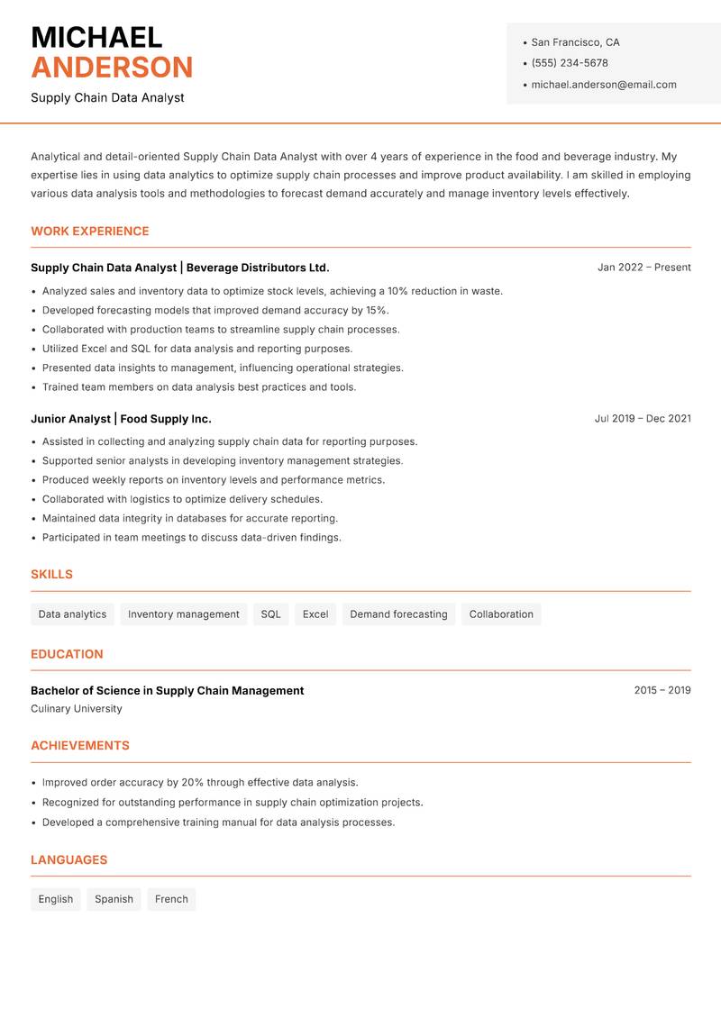 Supply Chain Data Analyst resume sample — Supply Chain Data Analyst focus