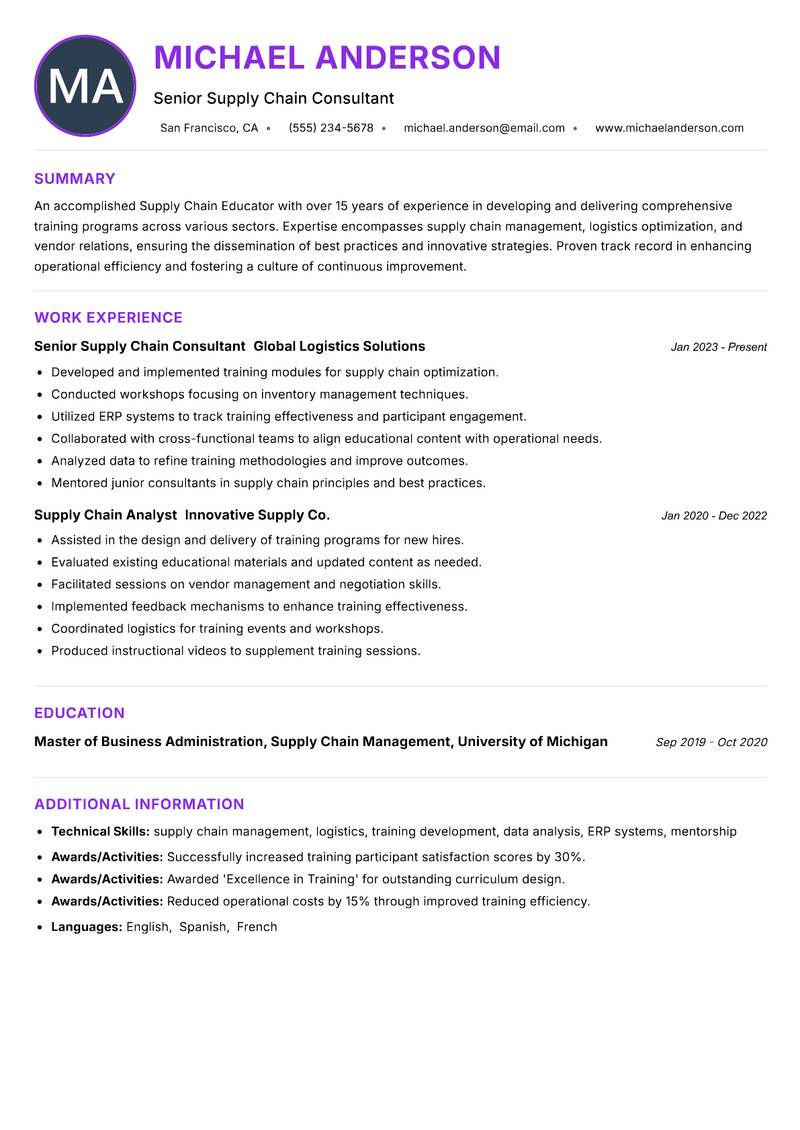 Supply Chain Educator resume example