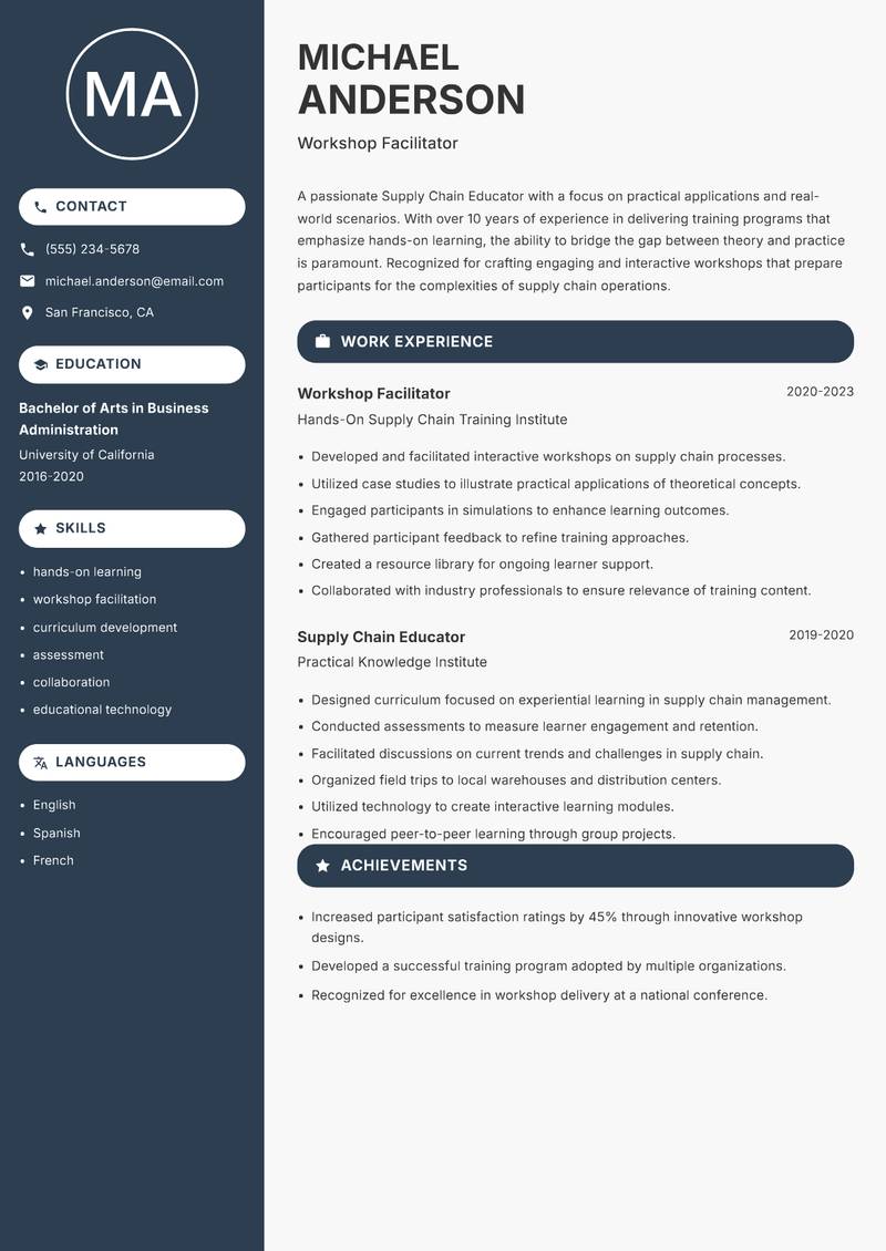 Supply Chain Educator resume sample — Workshop Facilitator focus