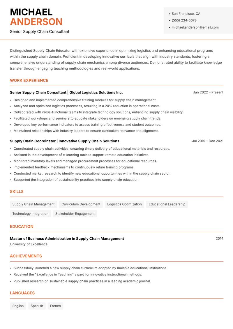 Supply Chain Educator resume sample — Senior Supply Chain Consultant focus