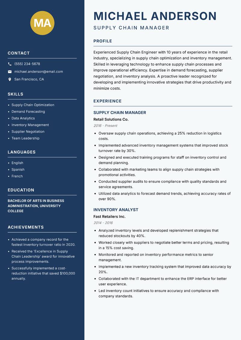Supply Chain Engineer resume sample — Supply Chain Manager focus