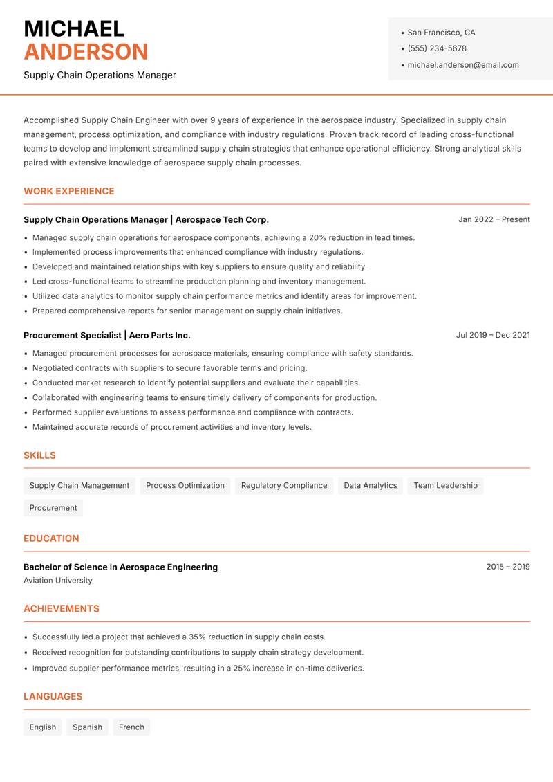 Supply Chain Engineer resume sample — Supply Chain Operations Manager focus