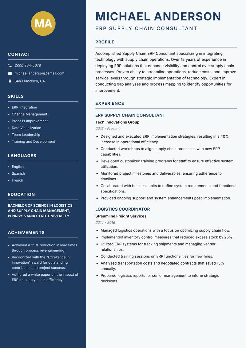 Supply Chain ERP Consultant resume sample — ERP Supply Chain Consultant focus