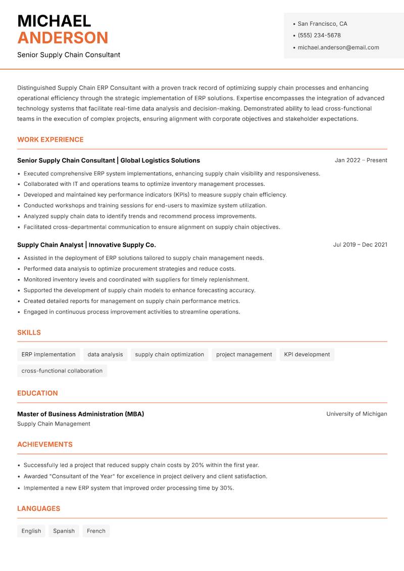 Supply Chain ERP Consultant resume sample — Senior Supply Chain Consultant focus