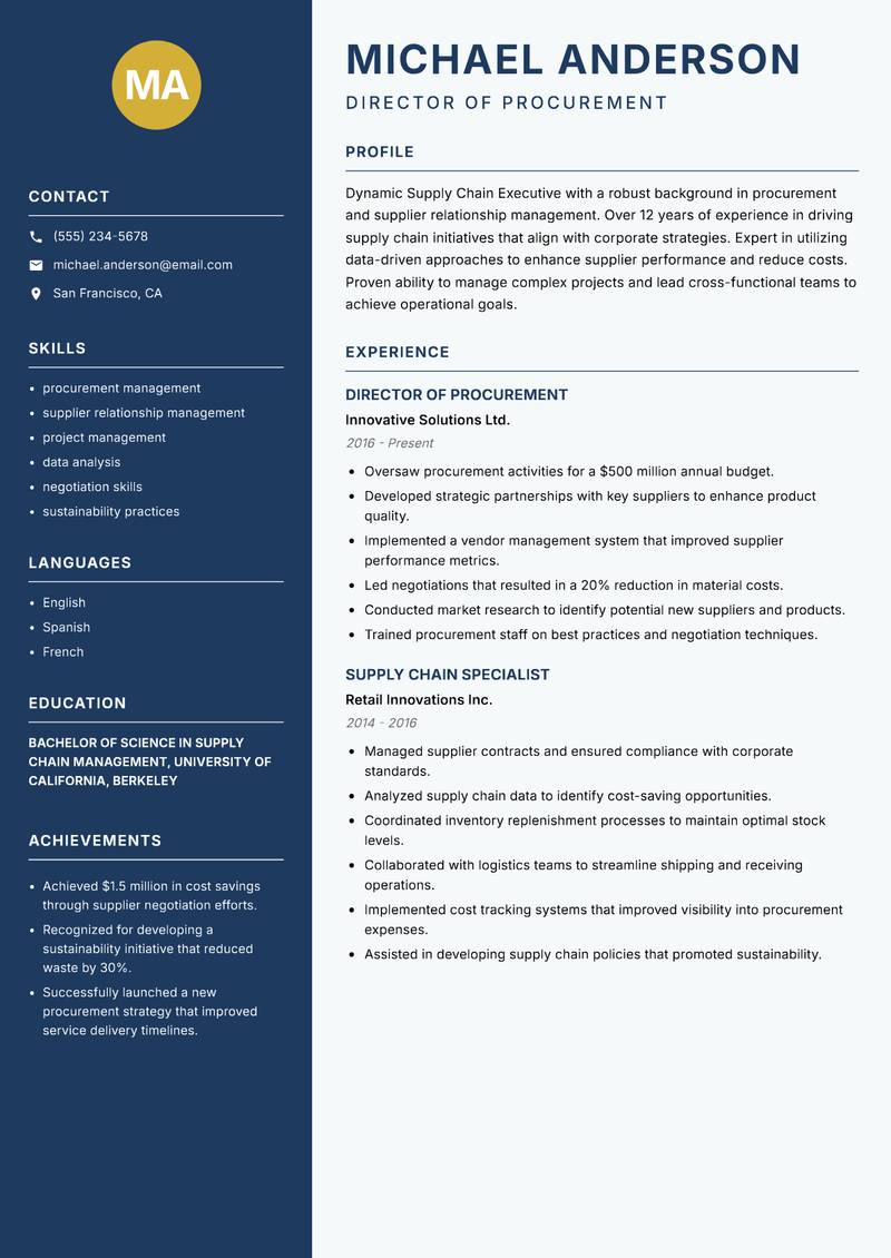 Supply Chain Executive resume sample — Director of Procurement focus