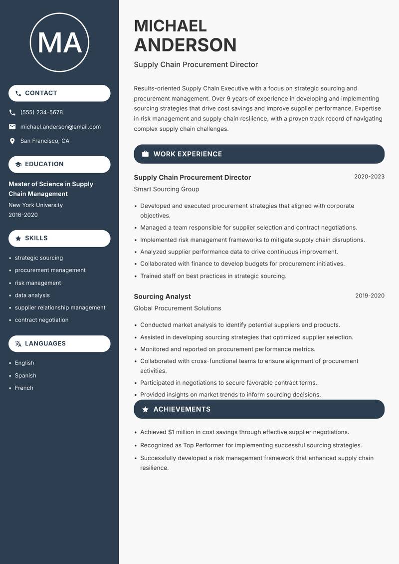 Supply Chain Executive resume sample — Supply Chain Procurement Director focus