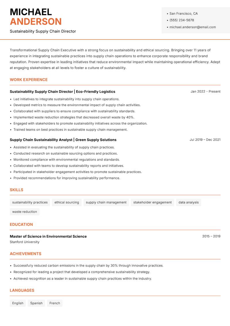 Supply Chain Executive resume sample — Sustainability Supply Chain Director focus