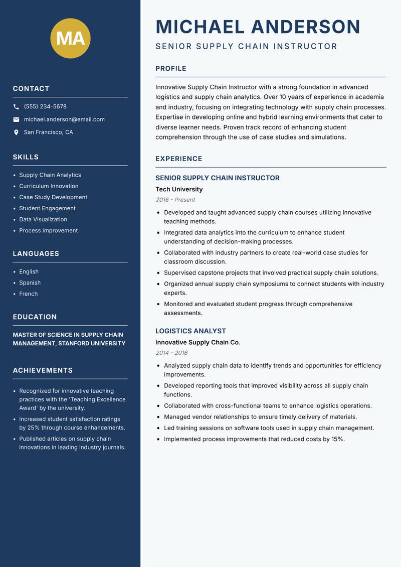 Supply Chain Instructor resume sample — Senior Supply Chain Instructor focus