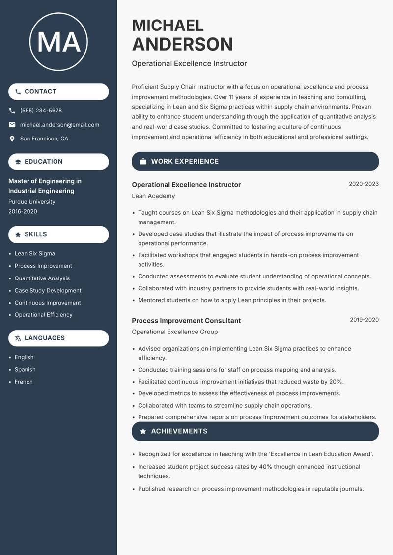 Supply Chain Instructor resume sample — Operational Excellence Instructor focus