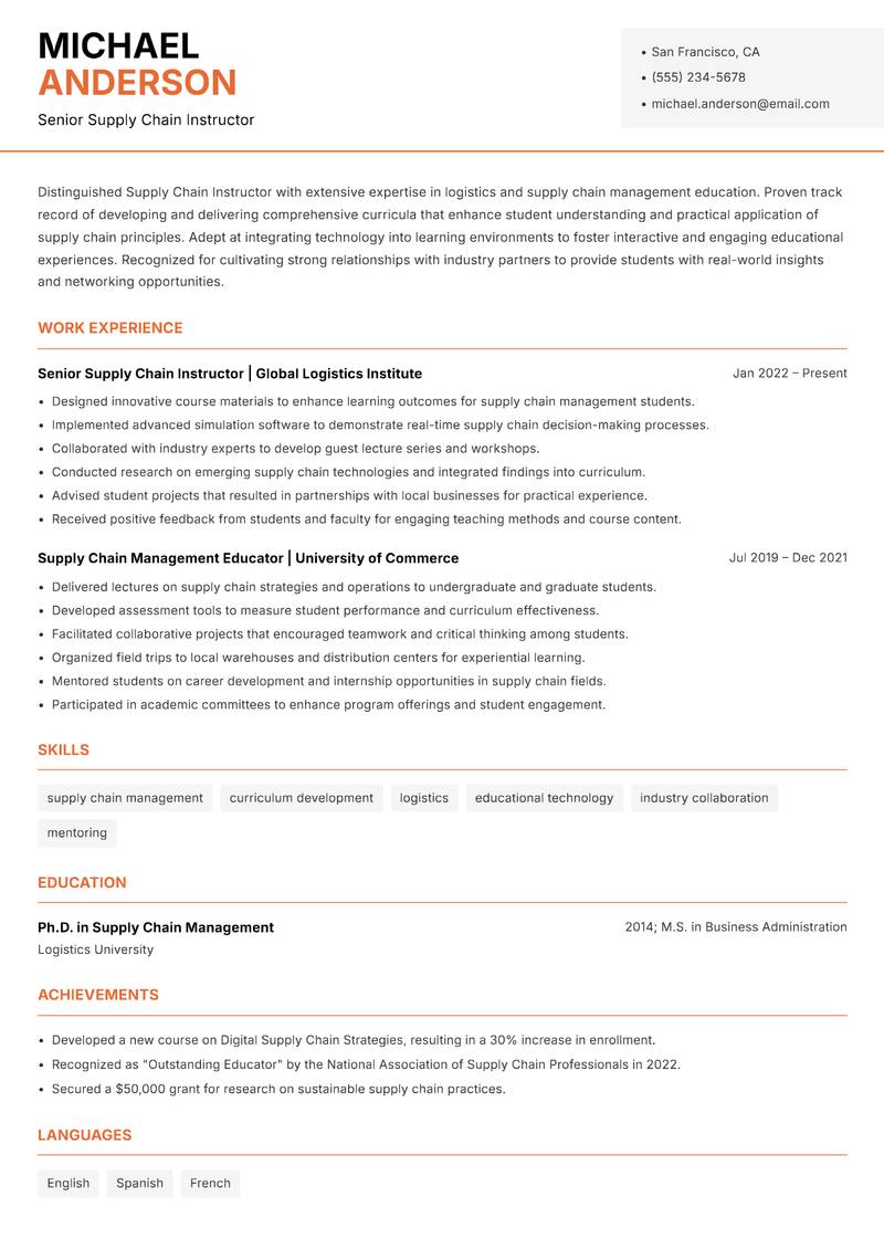 Supply Chain Instructor resume sample — Senior Supply Chain Instructor focus