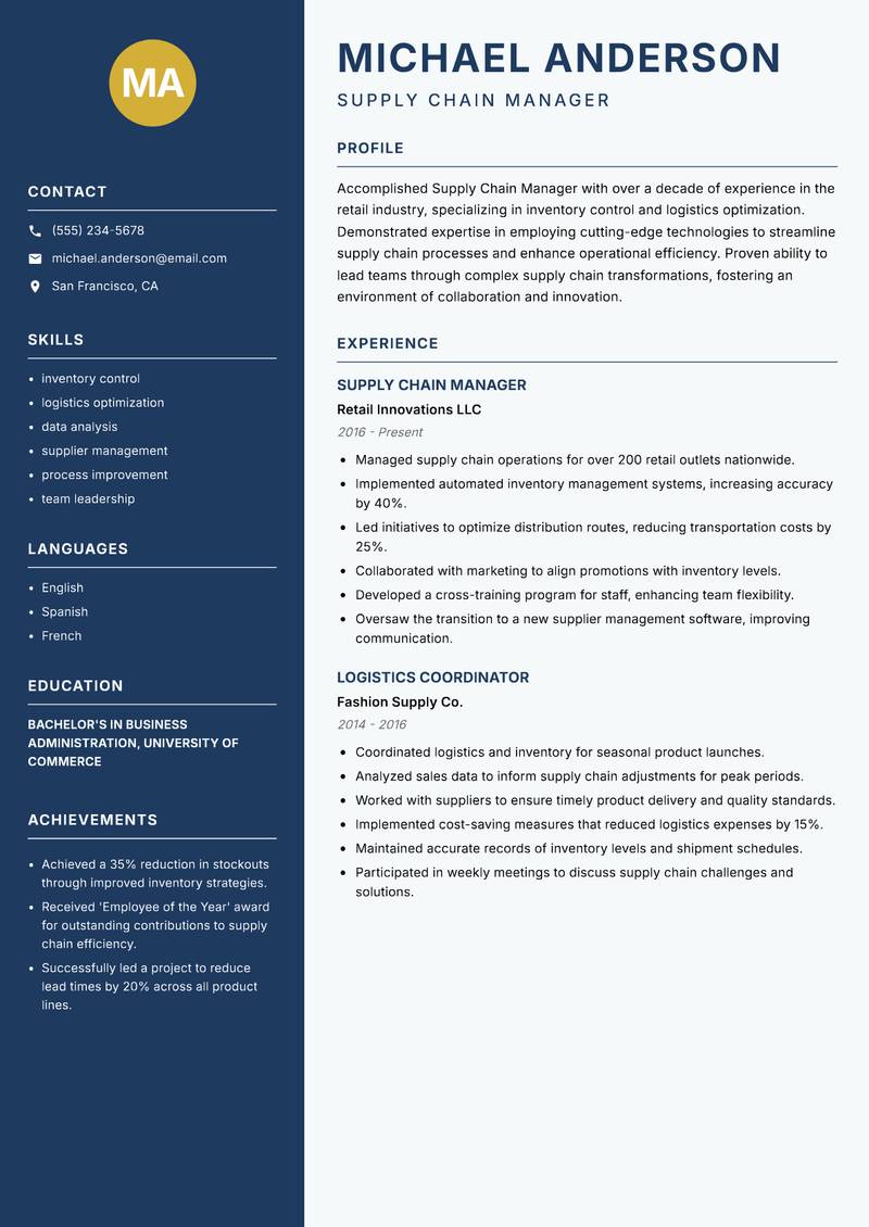 Supply Chain Manager resume sample — Supply Chain Manager focus