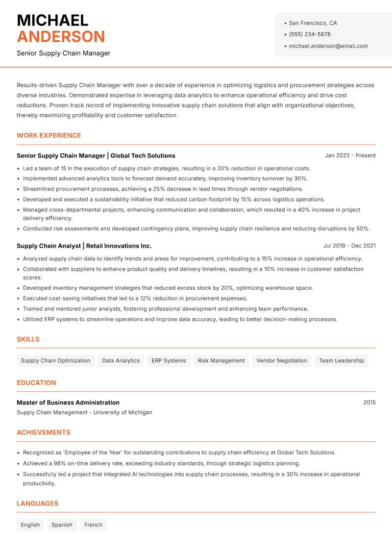 Supply Chain Manager resume sample — Senior Supply Chain Manager focus
