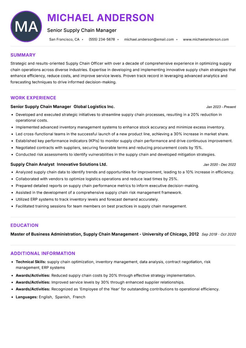 Supply Chain Officer resume example