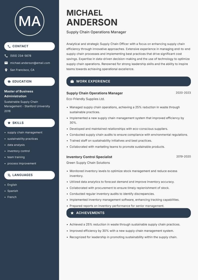 Supply Chain Officer resume sample — Supply Chain Operations Manager focus
