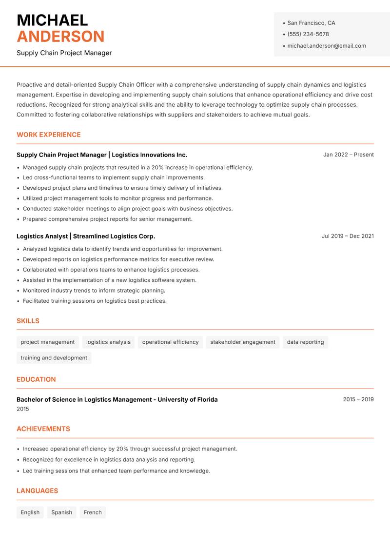 Supply Chain Officer resume sample — Supply Chain Project Manager focus