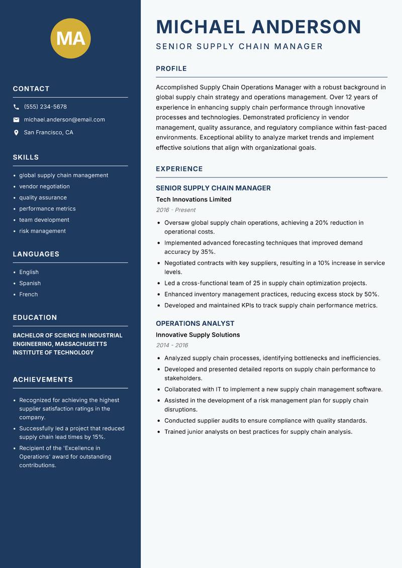 Supply Chain Operations Manager resume sample — Senior Supply Chain Manager focus