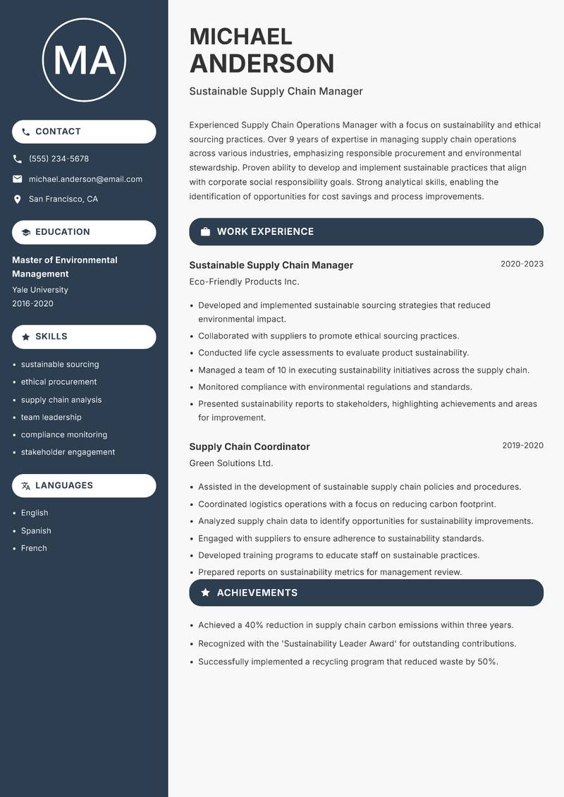 Supply Chain Operations Manager resume sample — Sustainable Supply Chain Manager focus