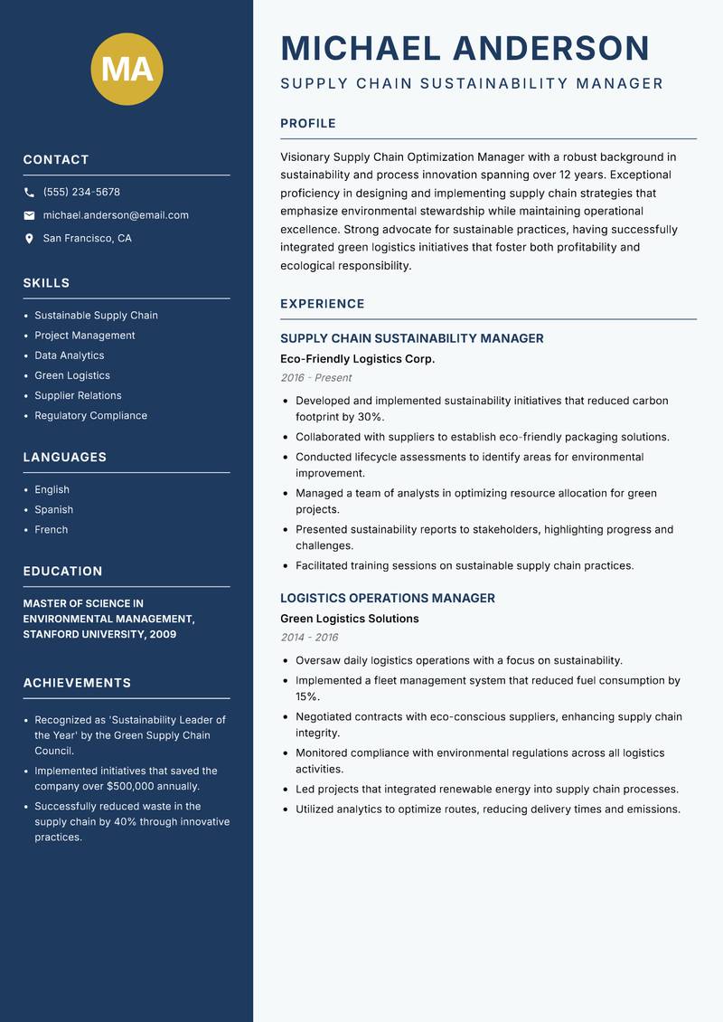 Supply Chain Optimization Manager resume sample — Supply Chain Sustainability Manager focus