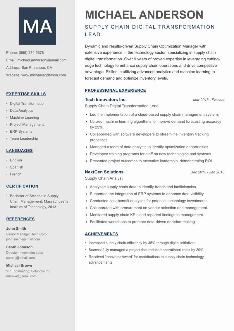 Supply Chain Optimization Manager resume sample — Supply Chain Digital Transformation Lead focus