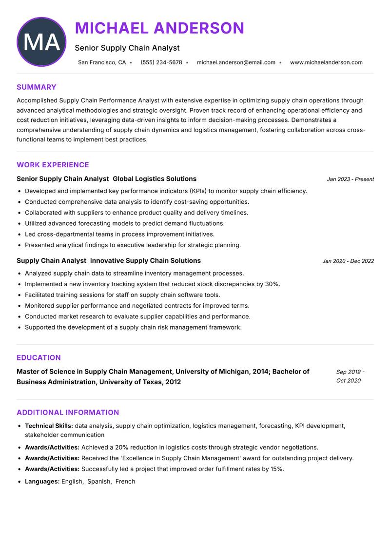 Supply Chain Performance Analyst resume example