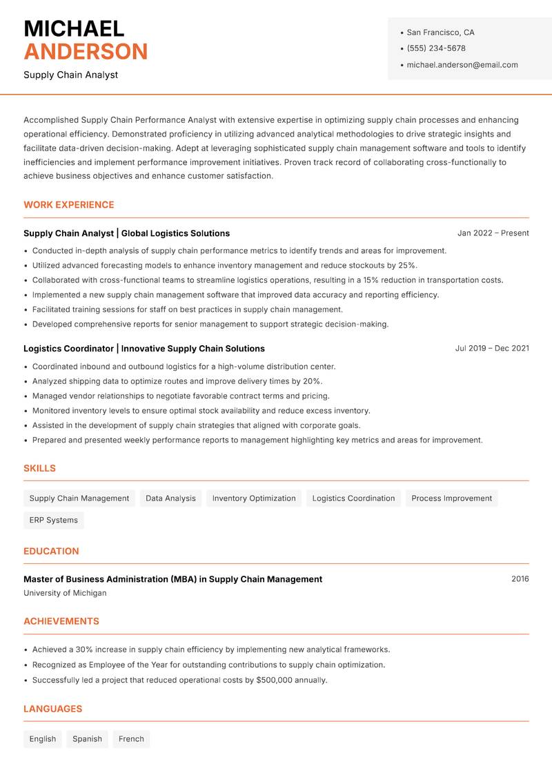 Supply Chain Performance Analyst resume sample — Supply Chain Analyst focus