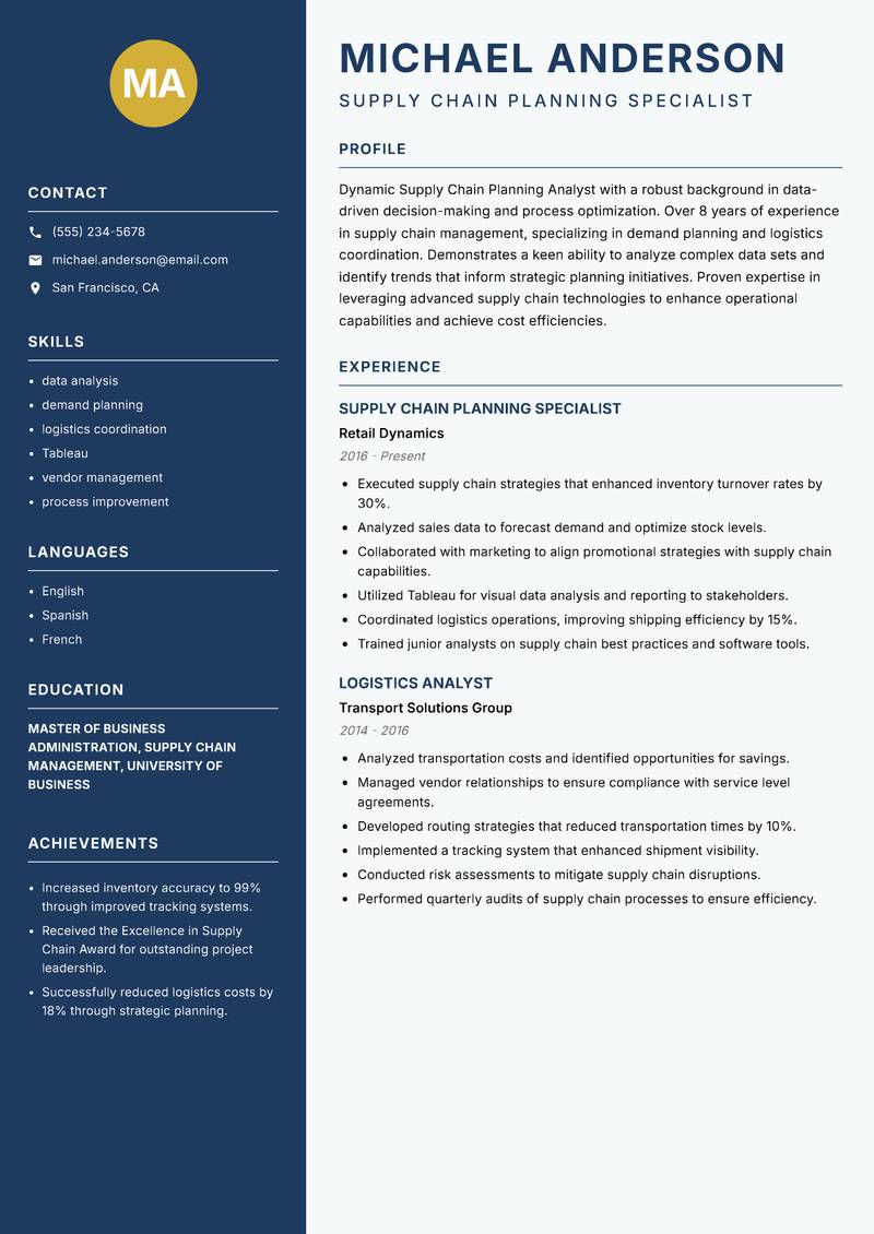 Supply Chain Planning Analyst resume sample — Supply Chain Planning Specialist focus
