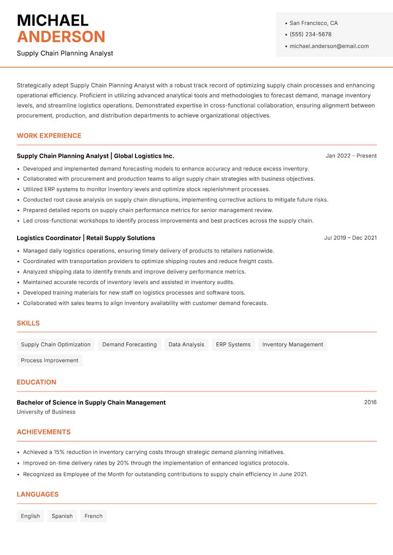 Supply Chain Planning Analyst resume sample — Supply Chain Planning Analyst focus