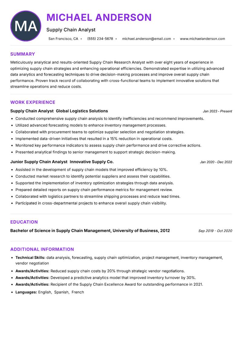Supply Chain Research Analyst resume example