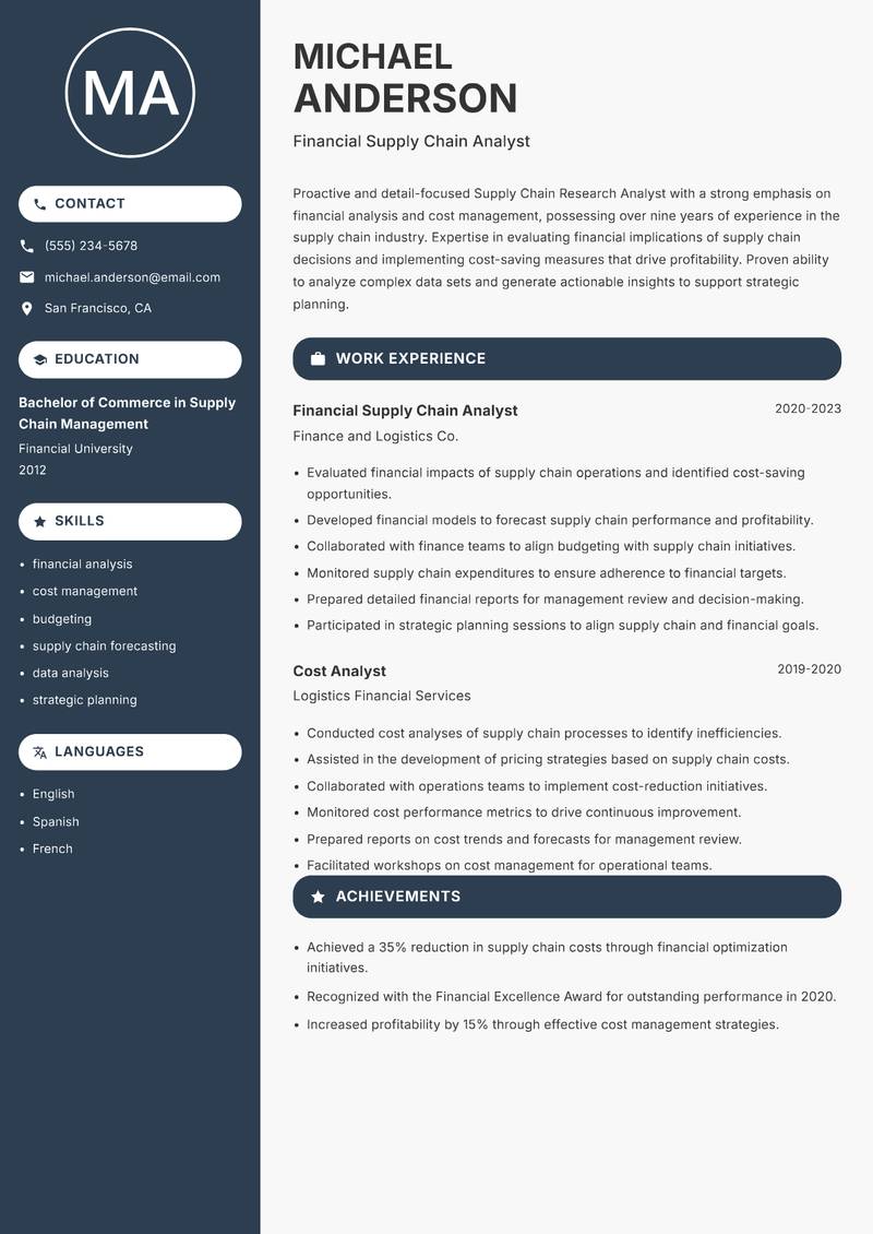 Supply Chain Research Analyst resume sample — Financial Supply Chain Analyst focus