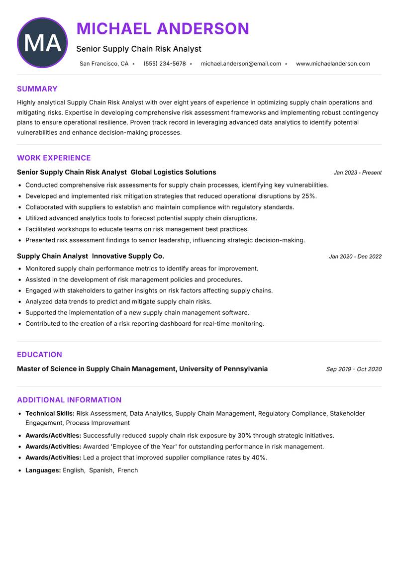 Supply Chain Risk Analyst resume example