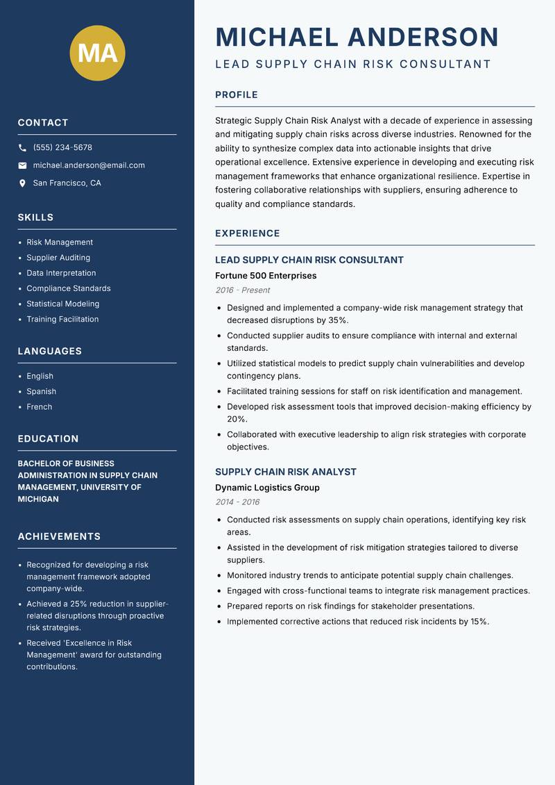 Supply Chain Risk Analyst resume sample — Lead Supply Chain Risk Consultant focus