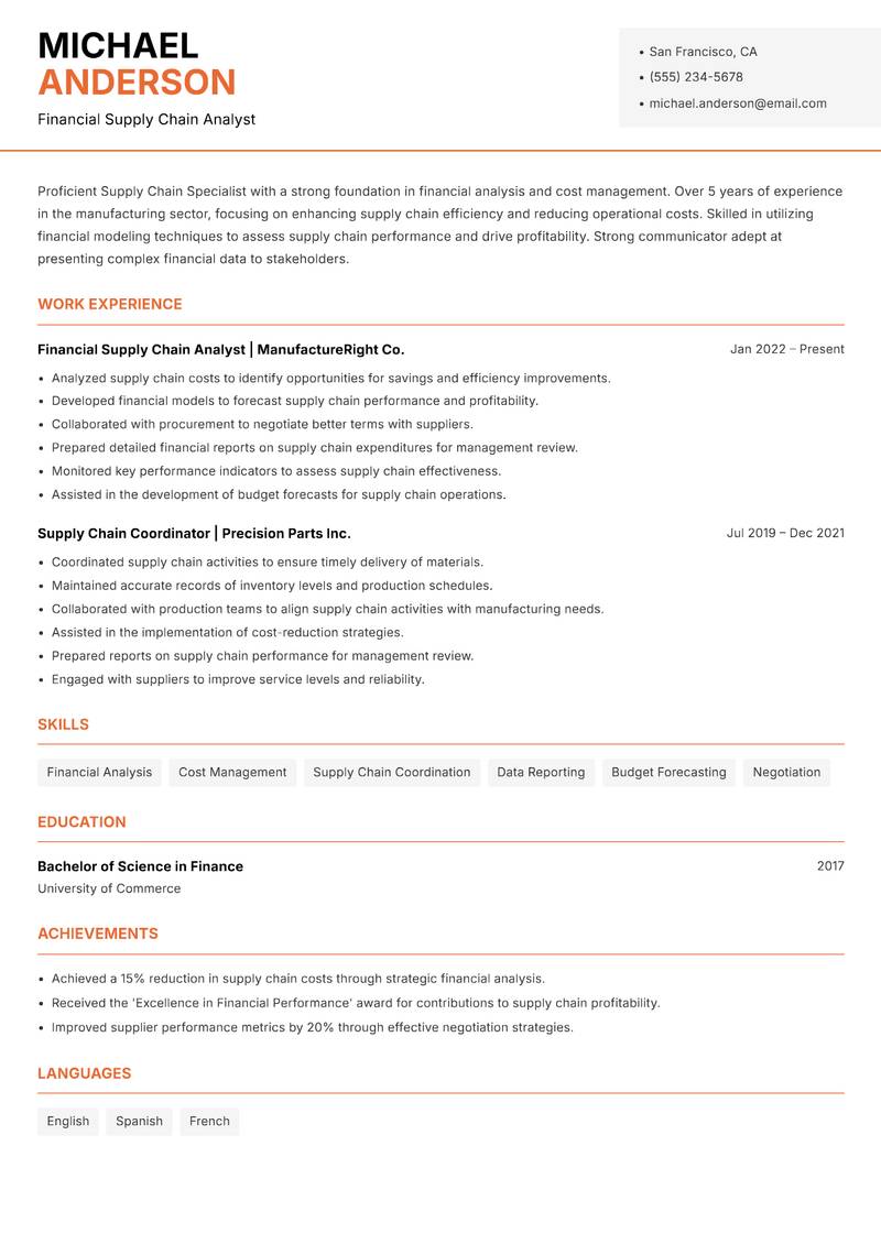 Supply Chain Specialist resume sample — Financial Supply Chain Analyst focus