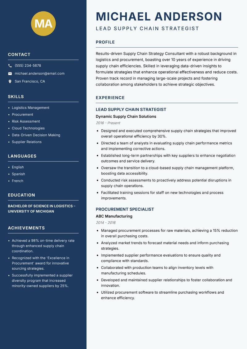 Supply Chain Strategy Consultant resume sample — Lead Supply Chain Strategist focus