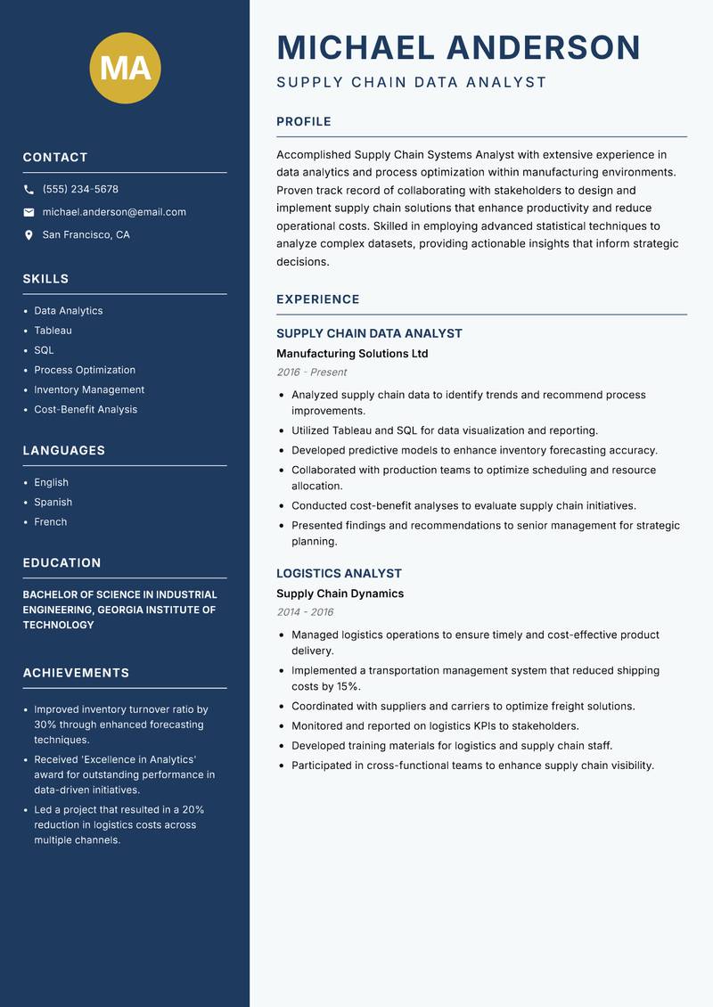 Supply Chain Systems Analyst resume sample — Supply Chain Data Analyst focus