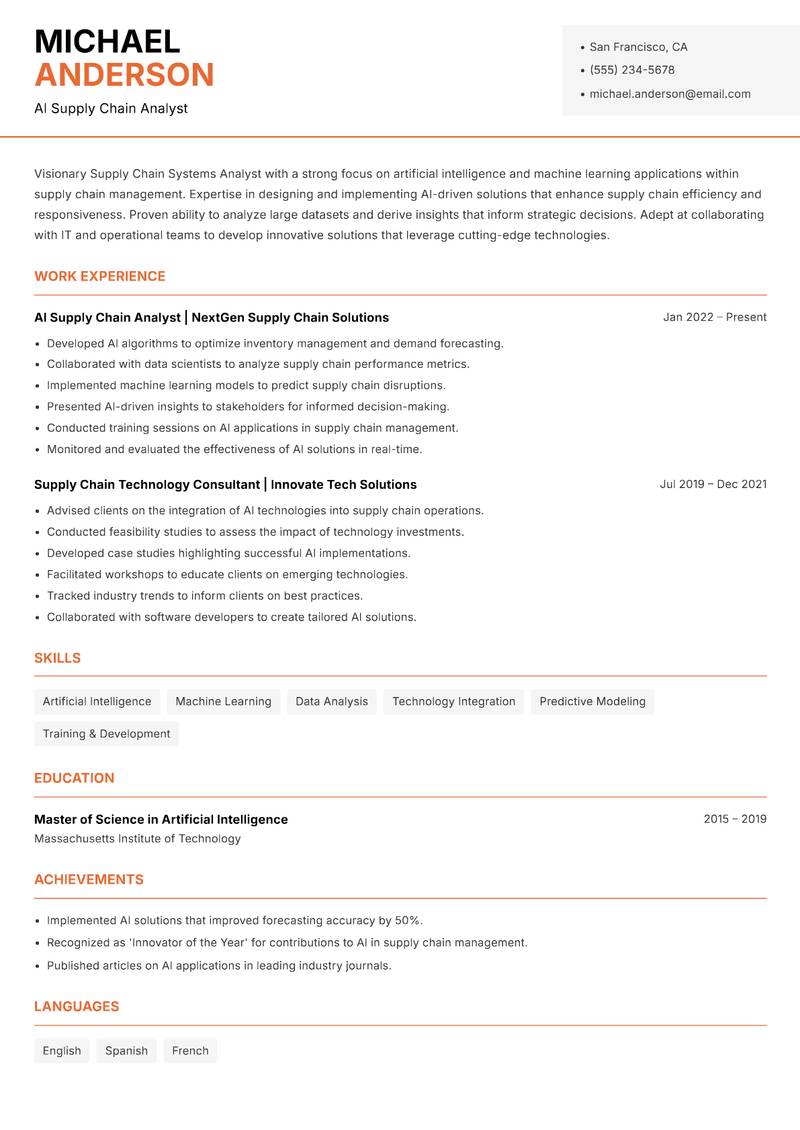 Supply Chain Systems Analyst resume sample — AI Supply Chain Analyst focus