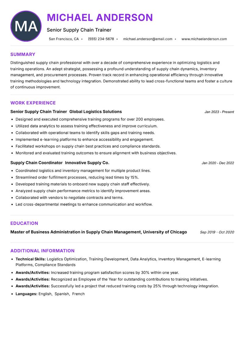 Supply Chain Trainer resume example