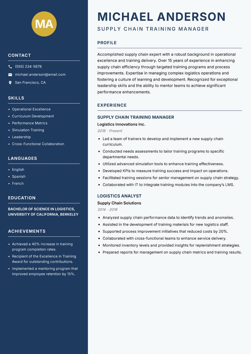 Supply Chain Trainer resume sample — Supply Chain Training Manager focus