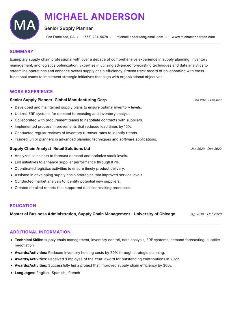 Supply Planner resume example