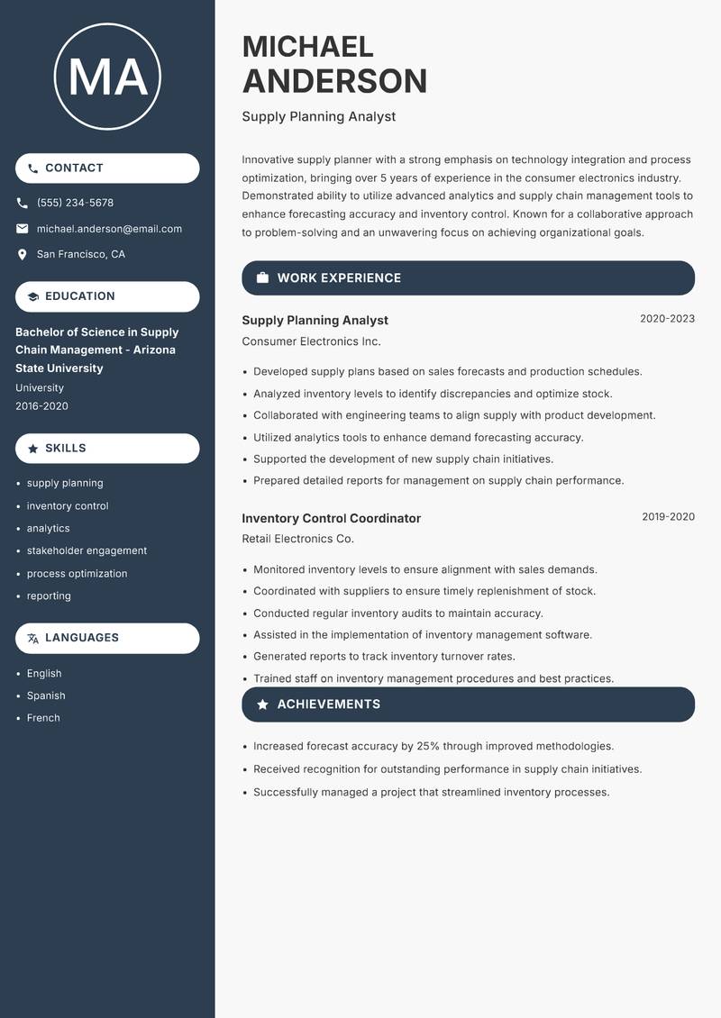 Supply Planner resume sample — Supply Planning Analyst focus
