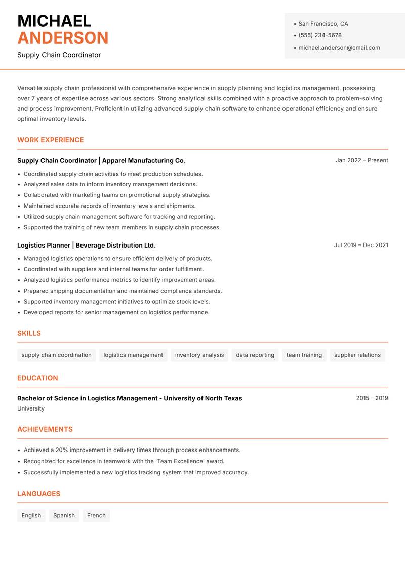 Supply Planner resume sample — Supply Chain Coordinator focus