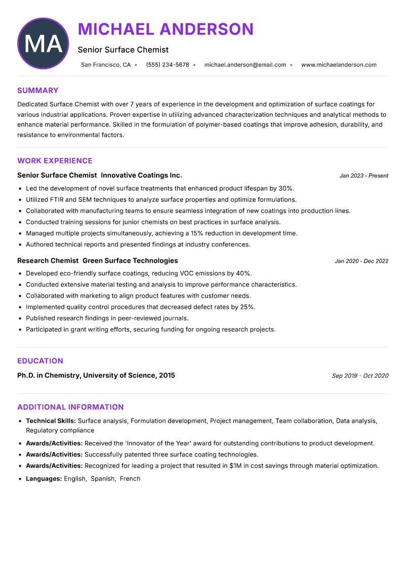Surface Chemist resume example
