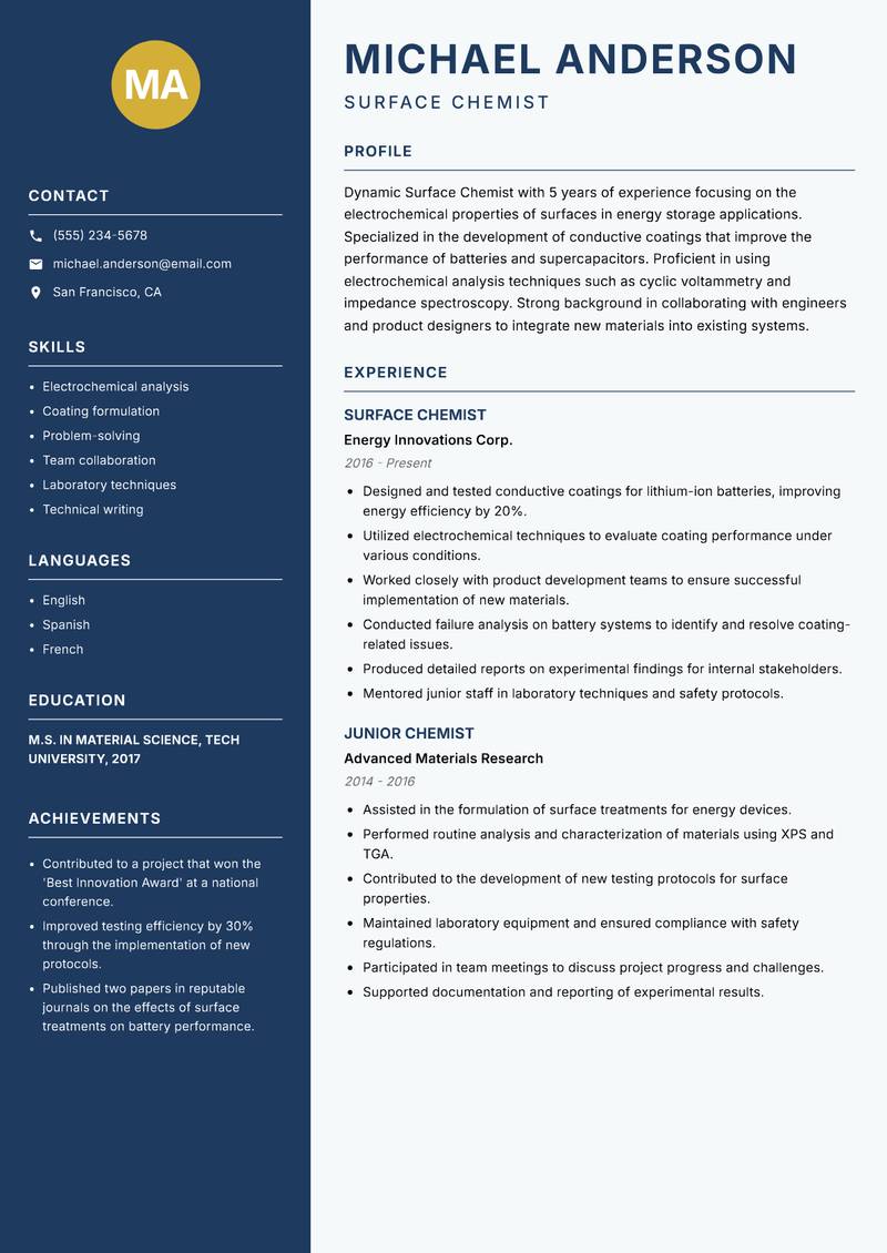 Surface Chemist resume sample — Surface Chemist focus